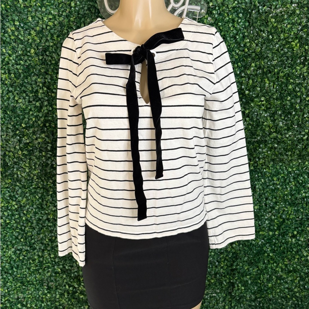 J. Crew Black and White Striped Blouse with Bow Size S